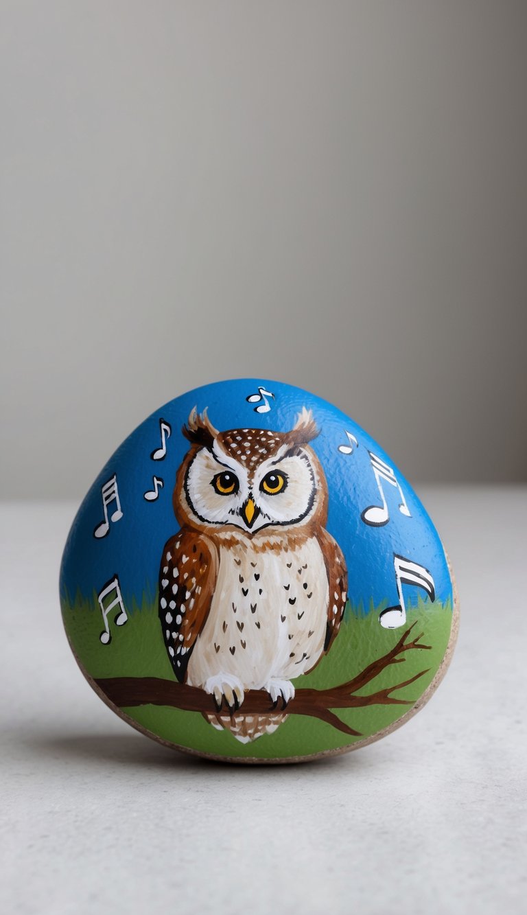 A lively owl surrounded by music notes, perched on a nature-themed painted rock