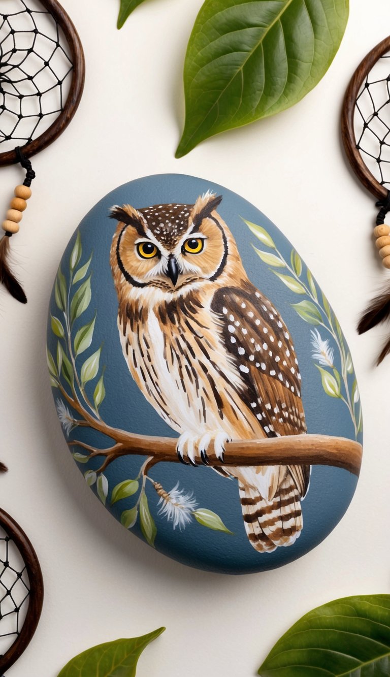 An owl perched on a branch, surrounded by dream catchers and nature elements