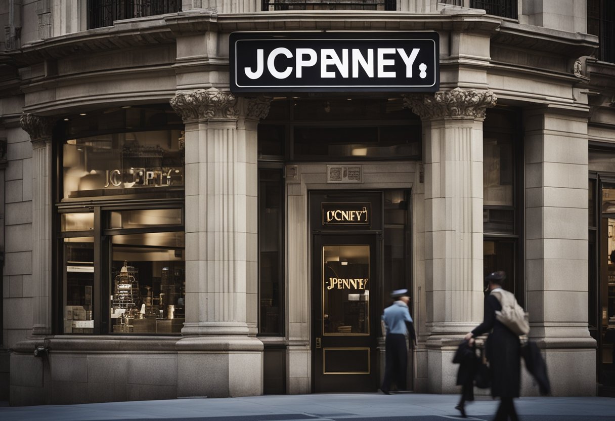 A historic building with a sign reading "JCPenney" stands amidst a bustling city, symbolizing the chain's long history of ownership by various individuals and entities