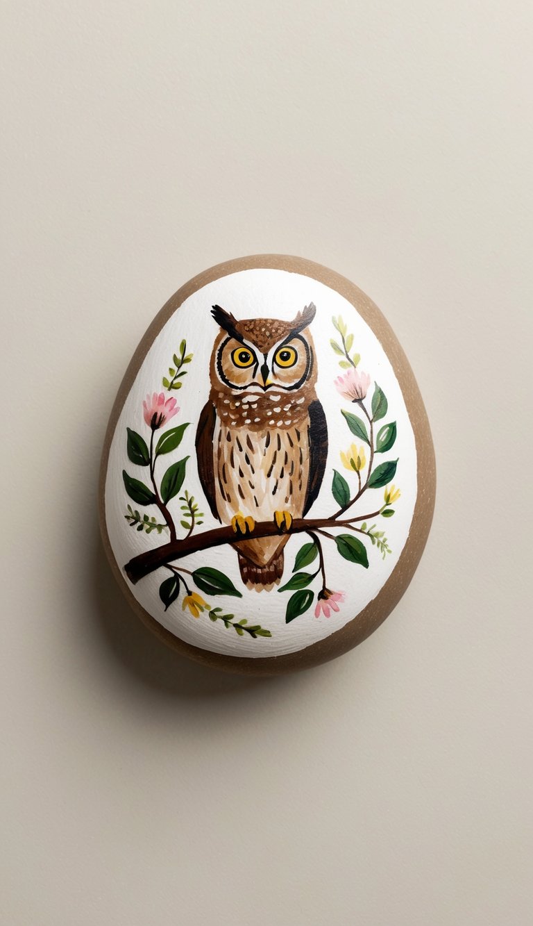 An owl perched on a tree branch surrounded by leaves, flowers, and other nature motifs