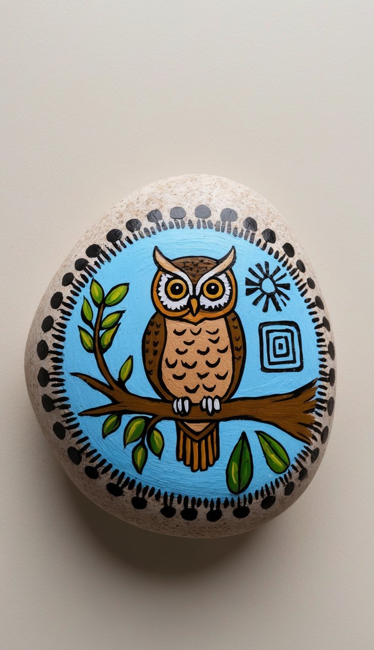 An owl perched on a tree branch, surrounded by Aztec symbols and nature elements, painted on a rock