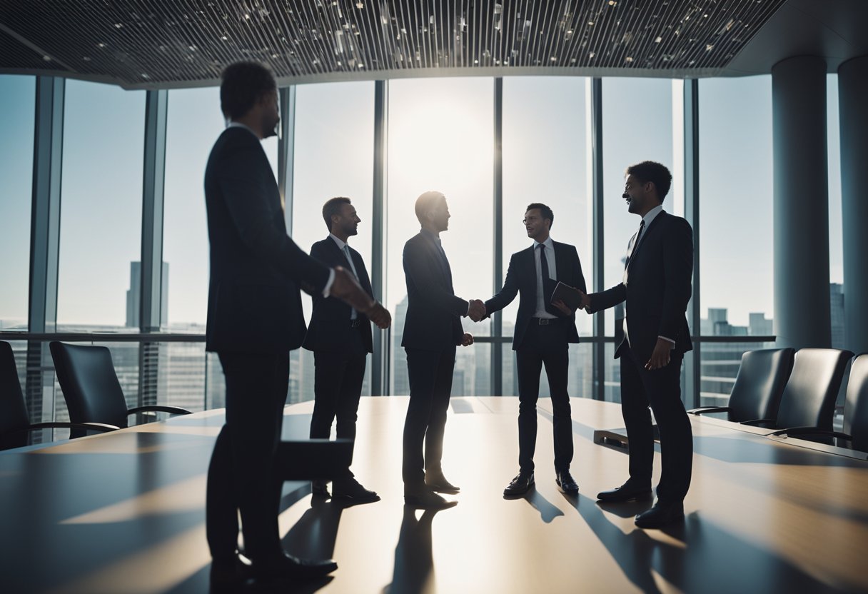 A group of corporate executives shaking hands and exchanging contracts in a modern office boardroom