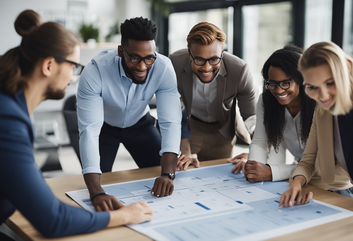 A group of diverse team members collaborating around a scrum board, each contributing their expertise and insights to ensure the quality of the project