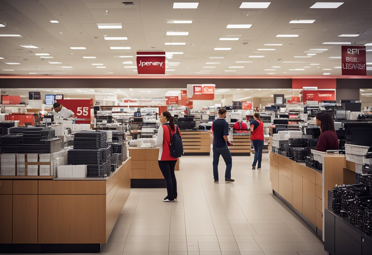 A bustling JCPenney store with employees assisting customers and managing inventory