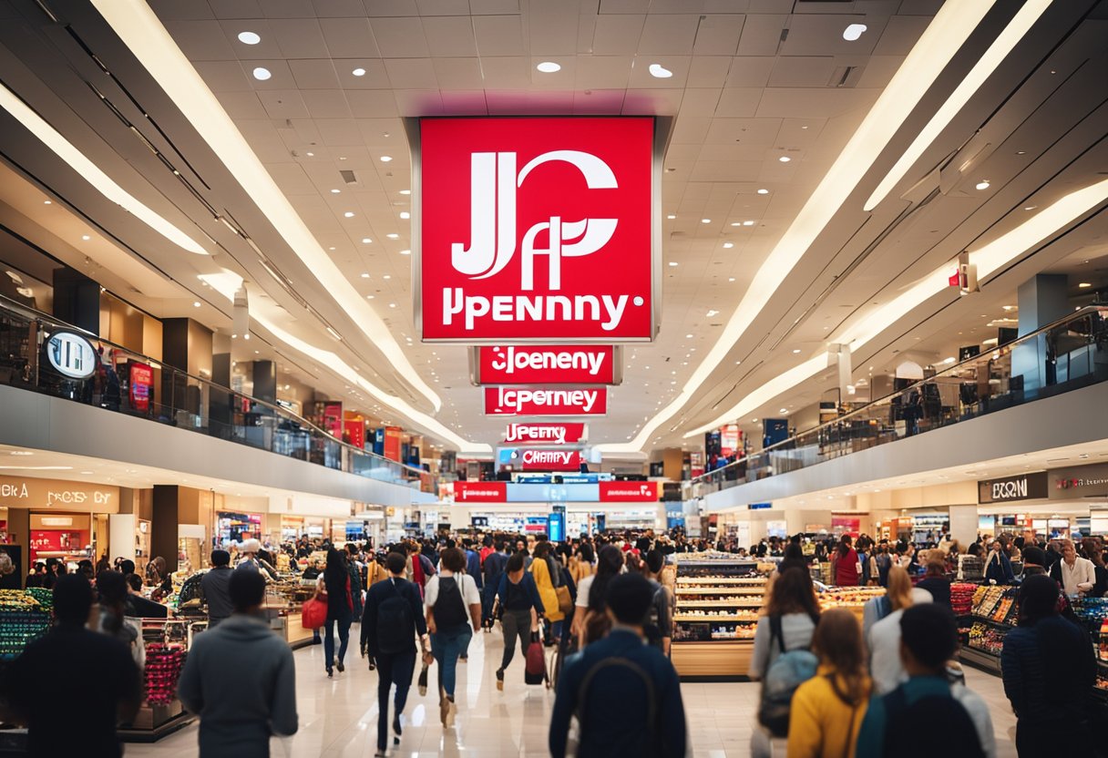 A bustling department store with vibrant displays and a prominent JCPenney logo, surrounded by a diverse crowd of shoppers and employees