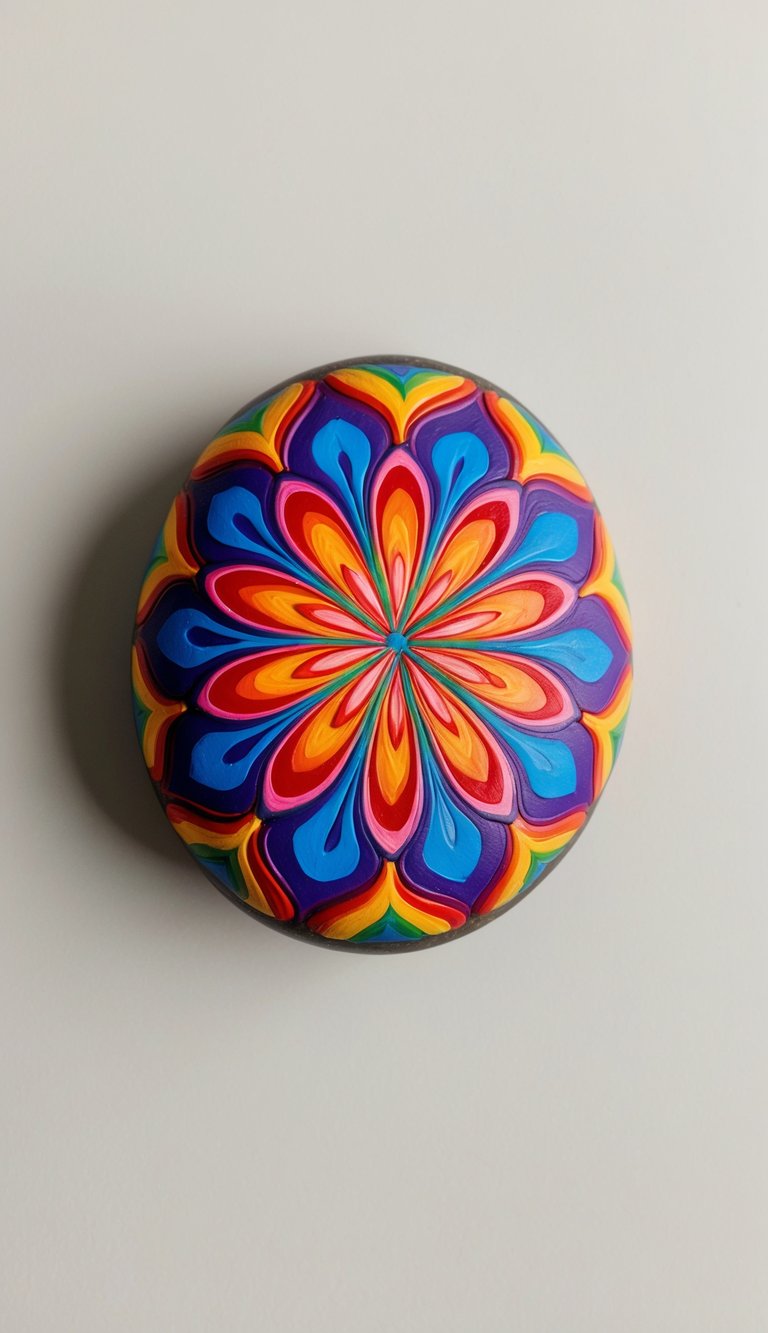 A vibrant rainbow mandala rock, with bold, swirling colors radiating from the center, creating a mesmerizing and joyful pattern