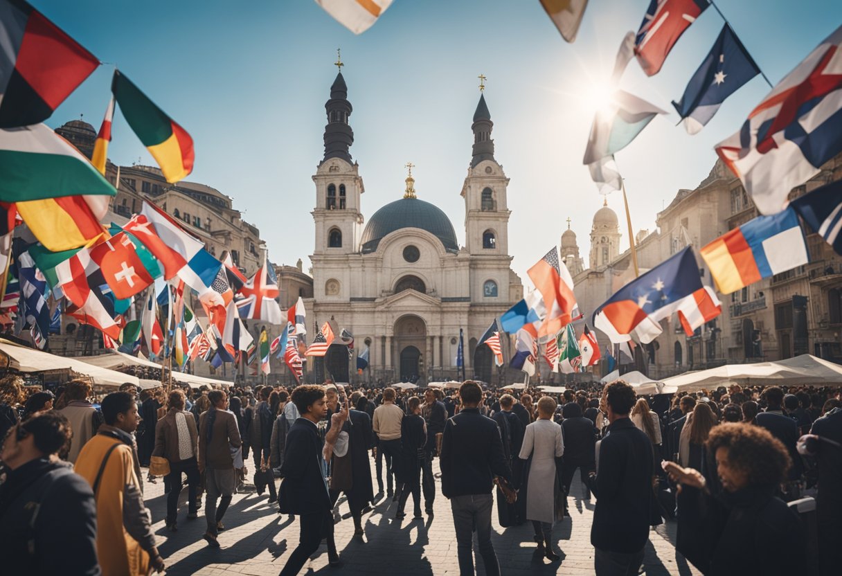 A crowded city square with diverse groups of people, flags, and religious symbols