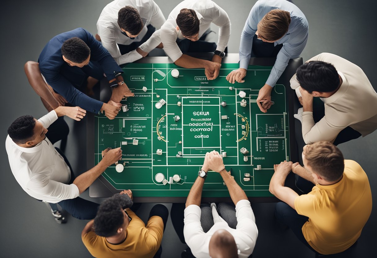 A scrum team huddles around a quality control board, discussing adoption and coaching strategies