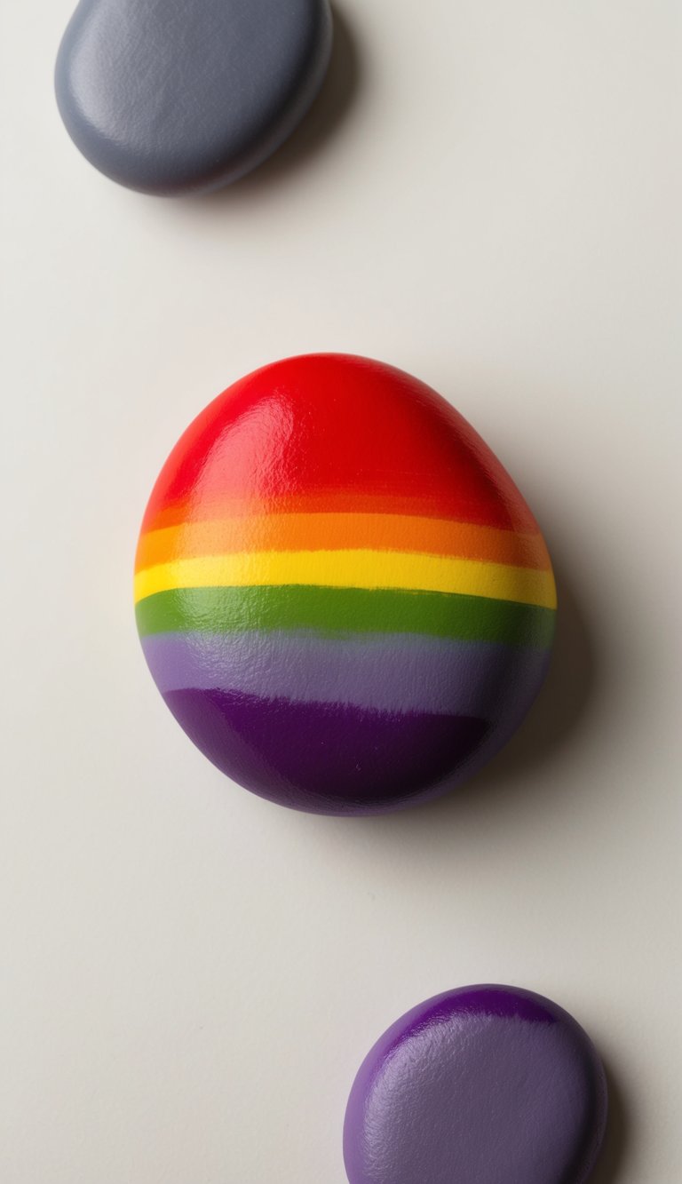 A smooth rock, transitioning from vibrant red at the top to a deep purple at the bottom, creating a stunning ombre rainbow gradient