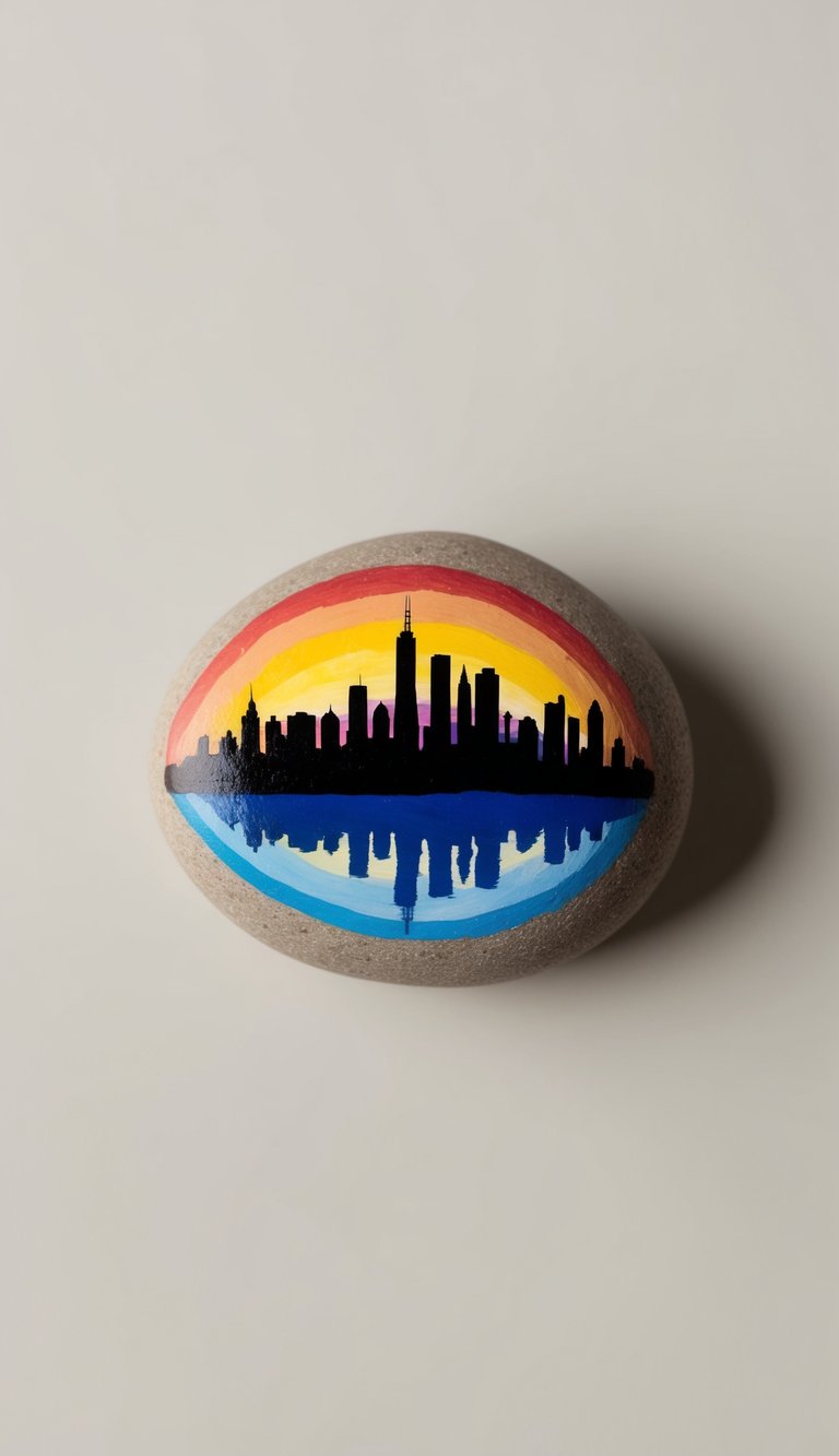 A city skyline with colorful buildings against a rainbow-filled sky, all depicted in silhouette on a rock