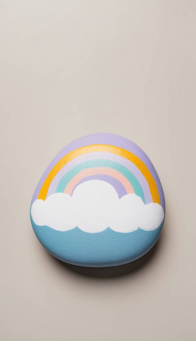 A pastel rainbow arches over a cloud resting on a rock
