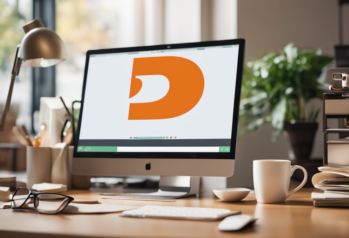 The duckduckgo logo perched atop a computer monitor, surrounded by a cluttered desk with scattered papers and a mug of coffee