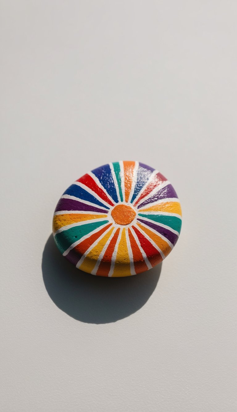 A vibrant rainbow sunburst radiates from a smooth rock