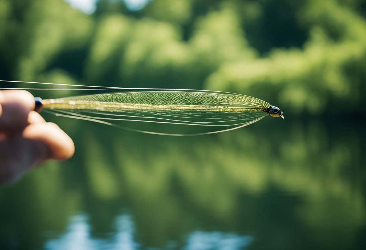 A fly fishing line being cast over a serene river with a backdrop of lush green trees and a clear blue sky