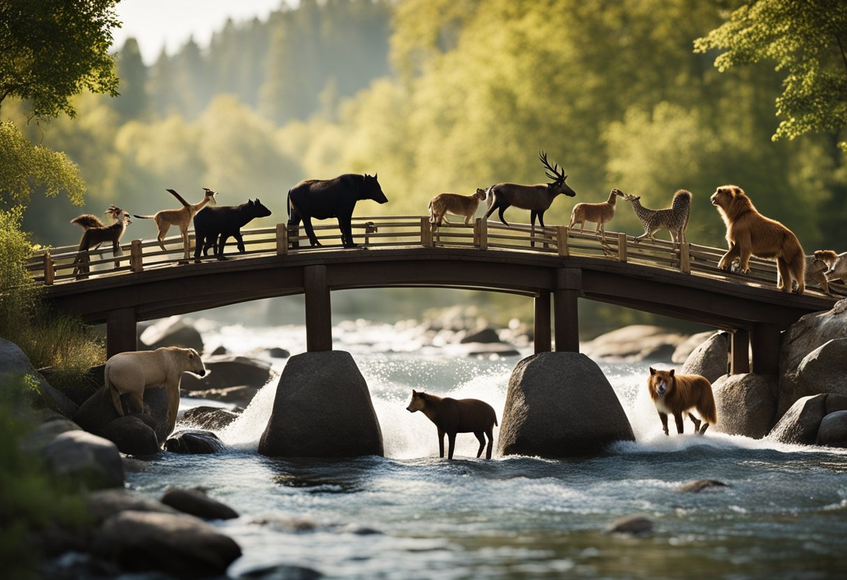 A diverse group of animals working together to build a sturdy bridge over a rushing river. Each animal contributes their unique skills and strengths to ensure the bridge is of the highest quality