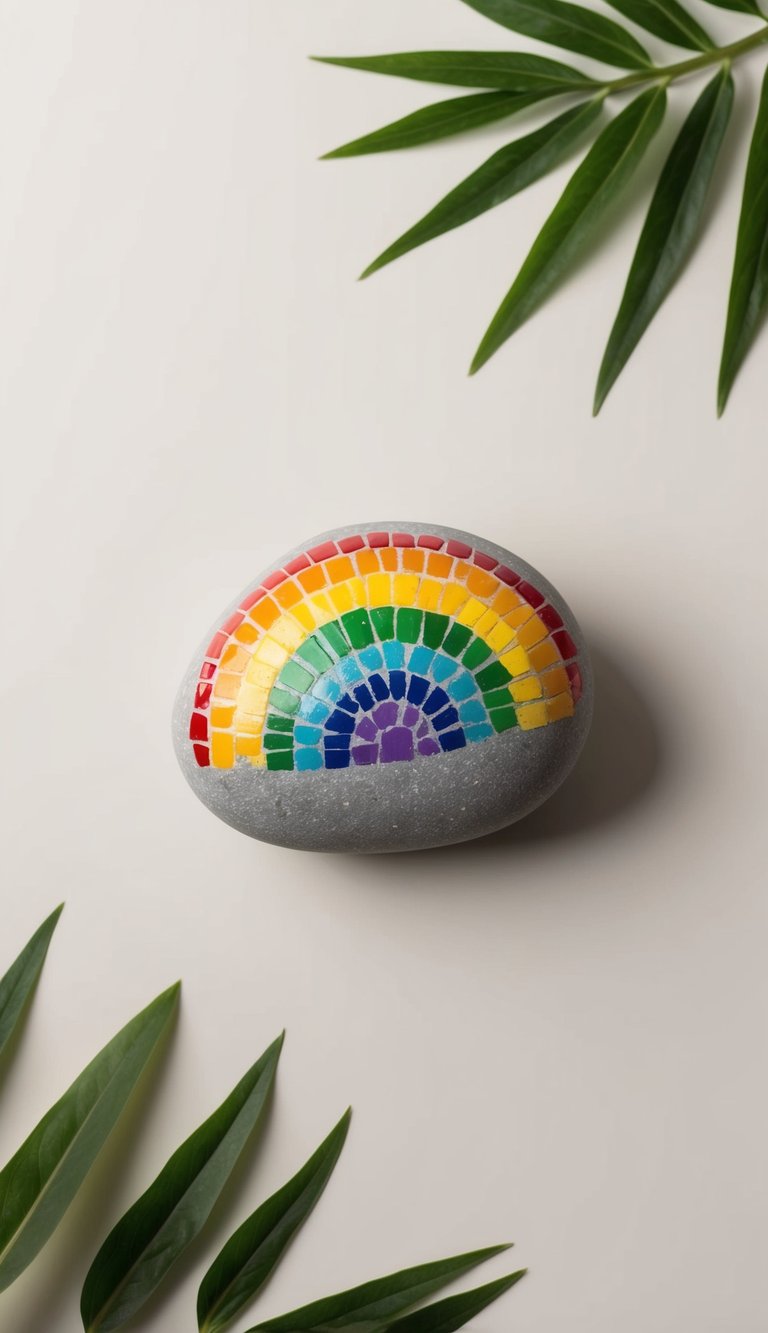 A smooth rock with a vibrant mosaic pattern in all the colors of the rainbow