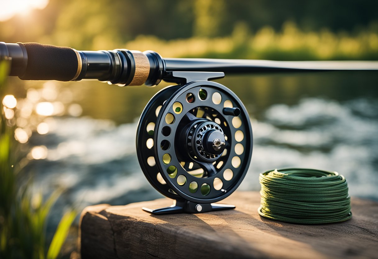 A fly fishing reel with a spool of backing line attached, surrounded by various fly fishing gear and a scenic river backdrop