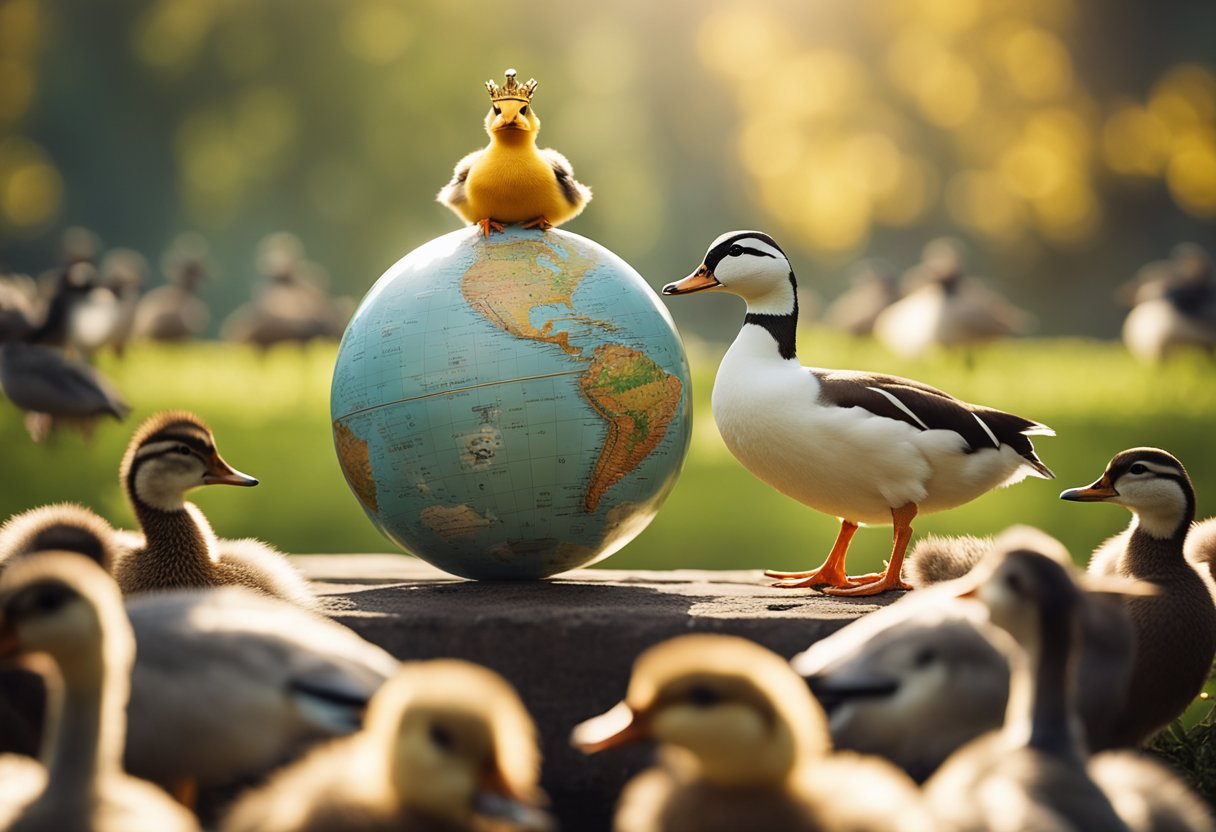 A duck wearing a crown stands atop a globe, surrounded by a group of smaller ducks. A fox lurks in the background, eyeing the scene