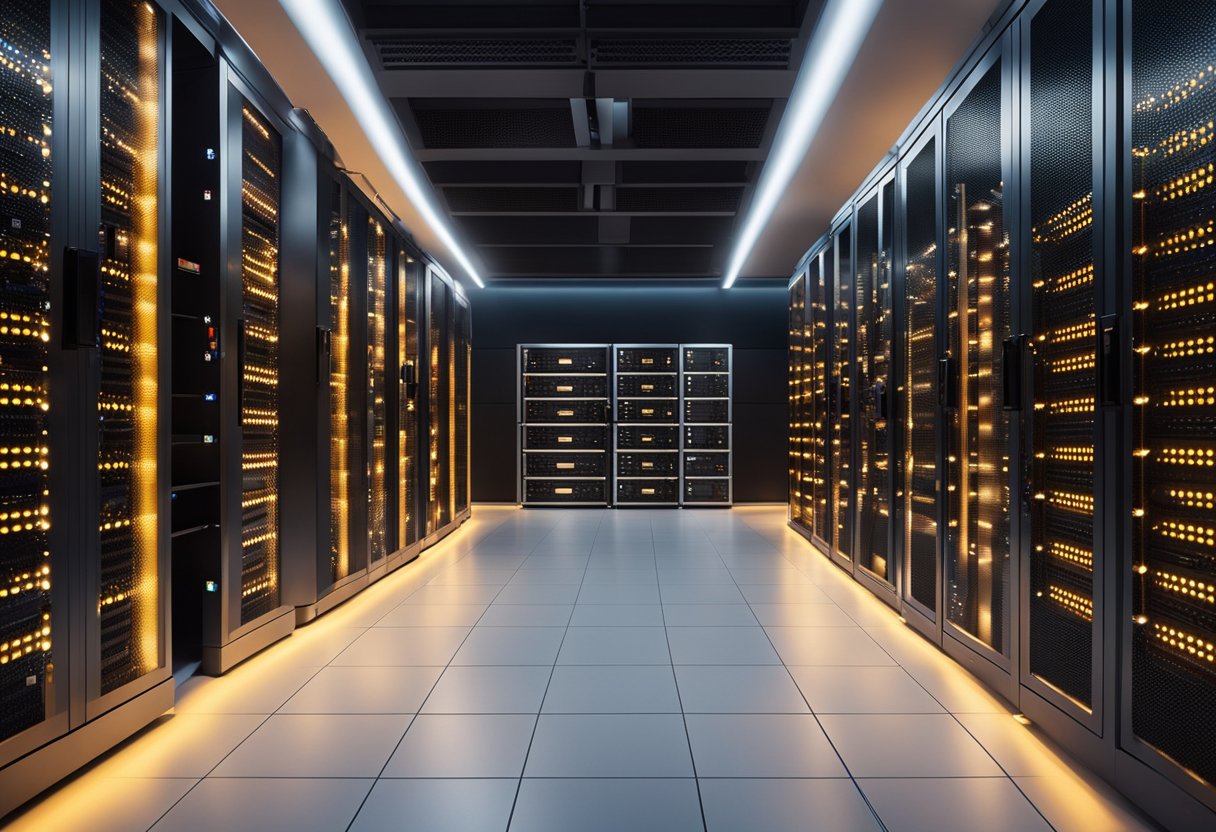 A sleek, modern server room with rows of racks and glowing equipment, all bearing the logo of DuckDuckGo