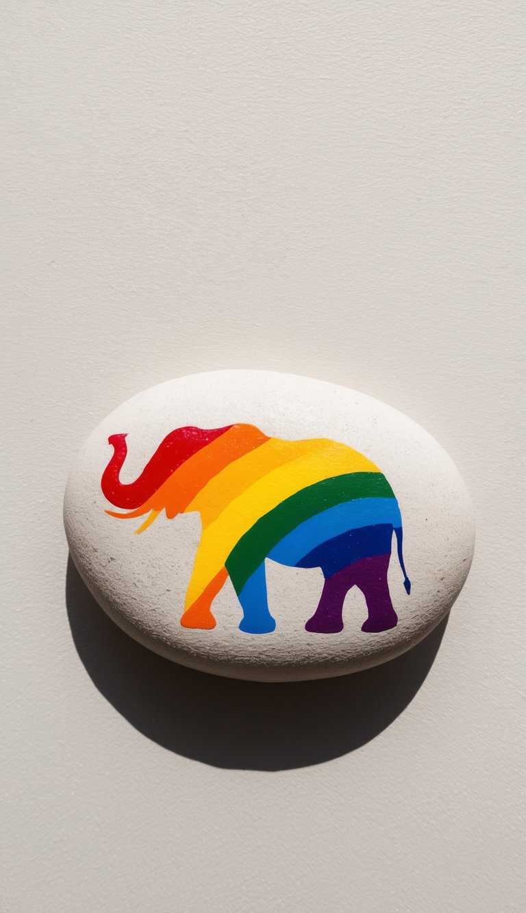 A rainbow elephant silhouette stands on a rock, vibrant colors radiating from its body, creating a stunning and eye-catching image