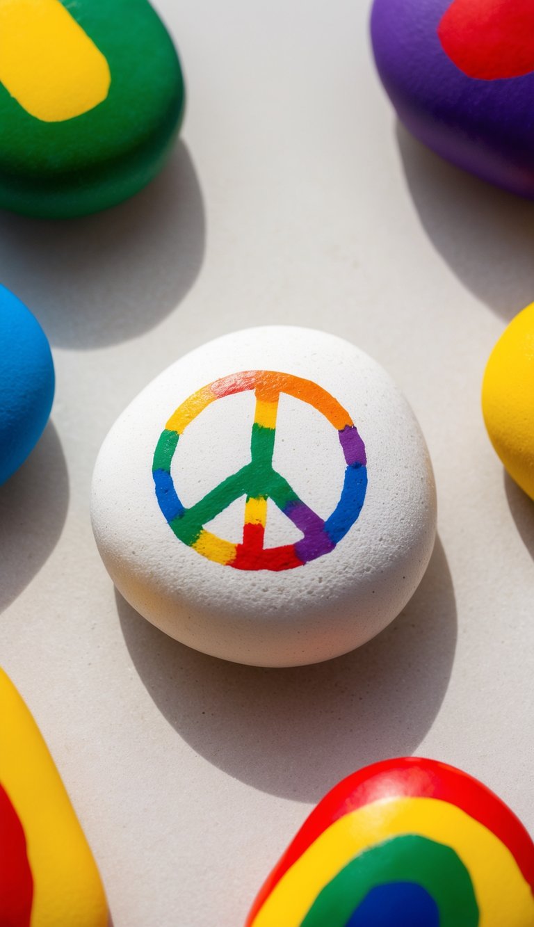 A colorful peace sign rock surrounded by vibrant rainbow painted rocks