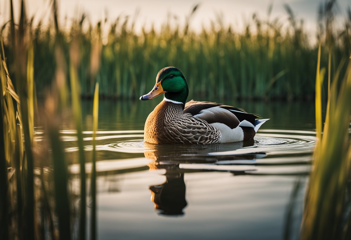 A duck swimming in a serene pond surrounded by tall grass and reeds, with the DuckDuckGo logo displayed on a nearby signpost