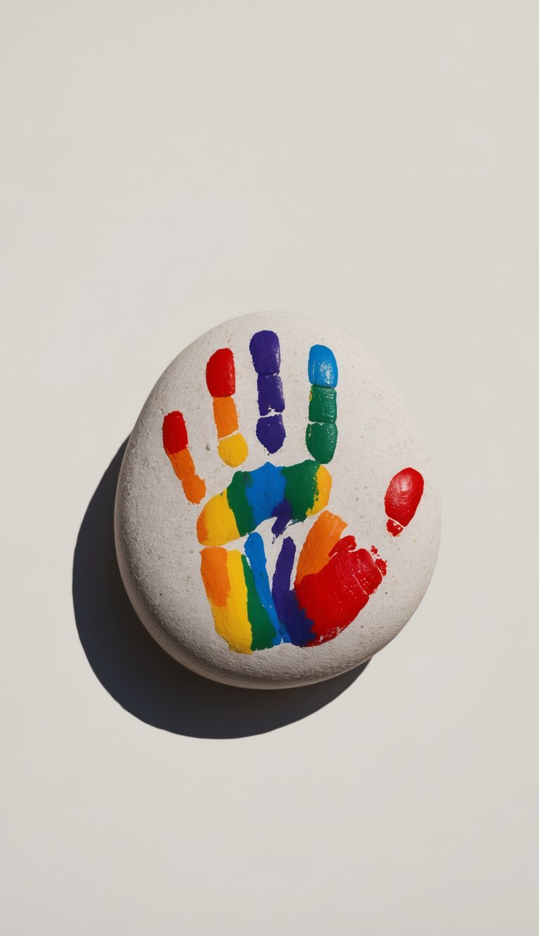 A rock with a vibrant rainbow handprint painted on it