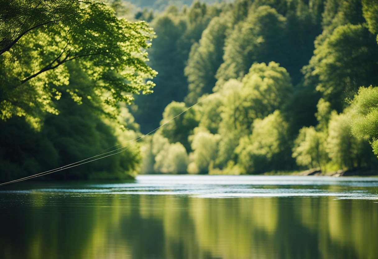 A fly fishing line being cast over a tranquil river, with a backdrop of lush green trees and a clear blue sky