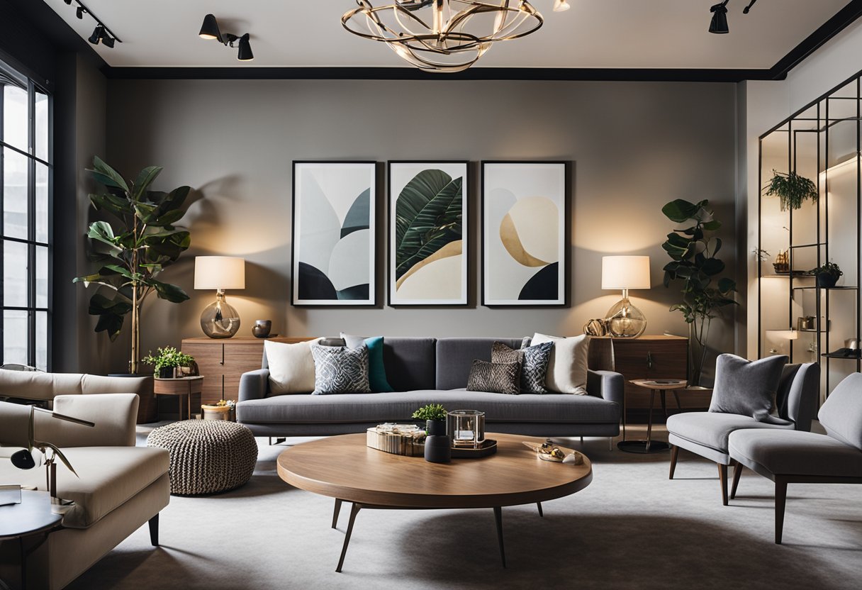 A variety of furniture and home decor items displayed in a modern, well-lit showroom