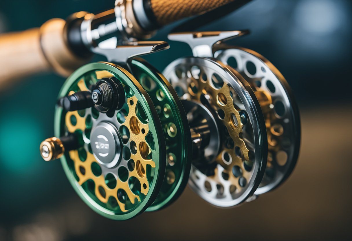 A fly fishing reel with different colored backing lines spooled on, labeled for targeted fish species