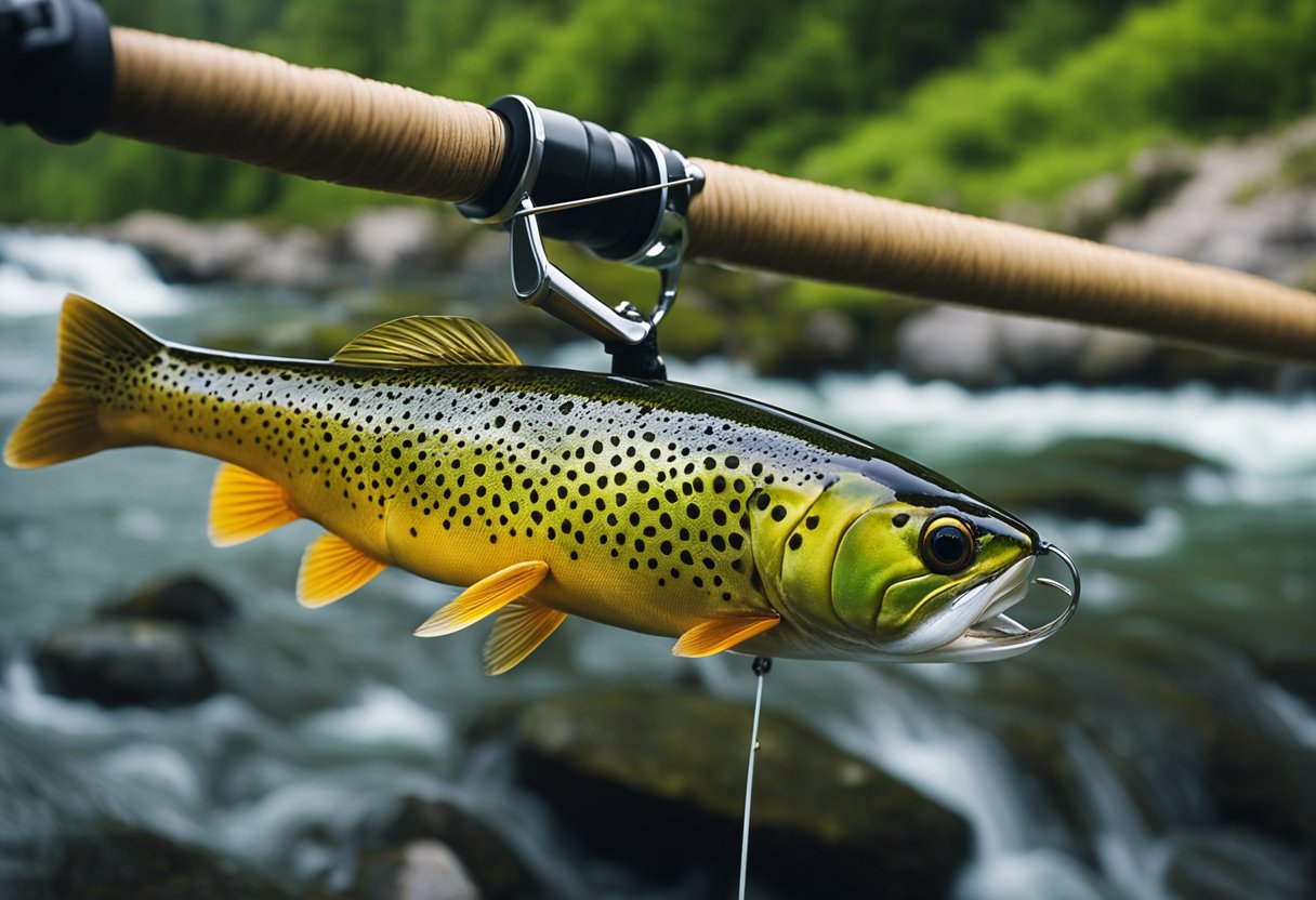 A vibrant, durable fly fishing line twists through clear, rushing water, with a backdrop of lush greenery and towering mountains