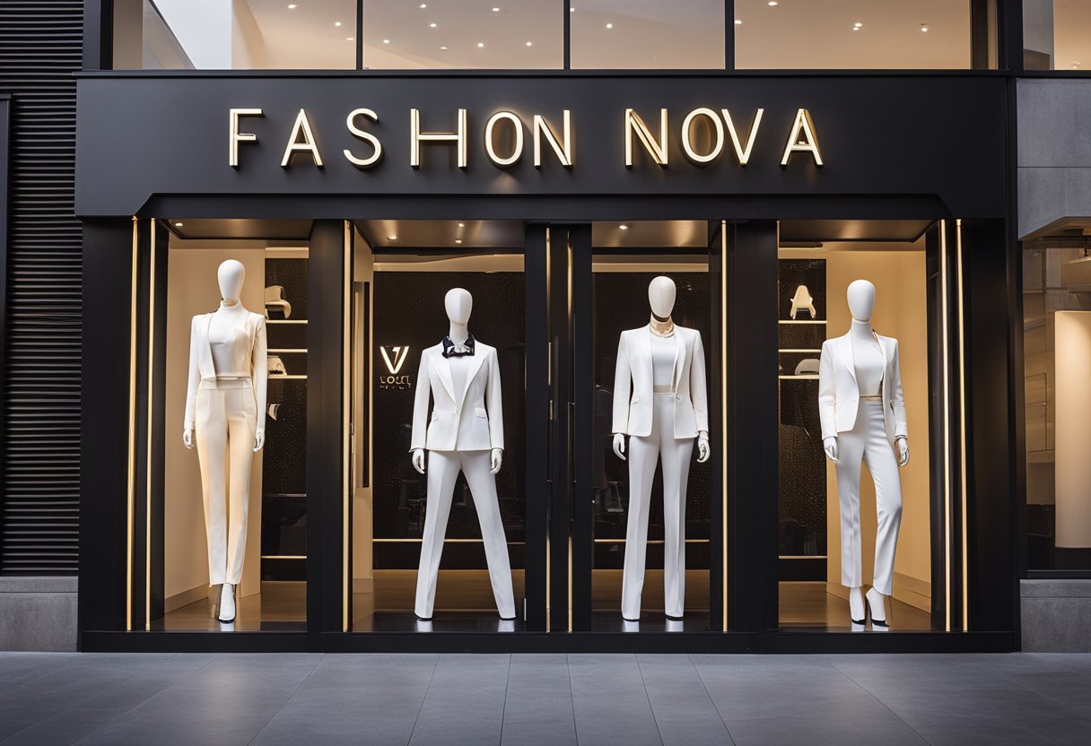 A sleek, modern storefront with the Fashion Nova logo prominently displayed. Bright lights and trendy mannequins showcase the latest styles