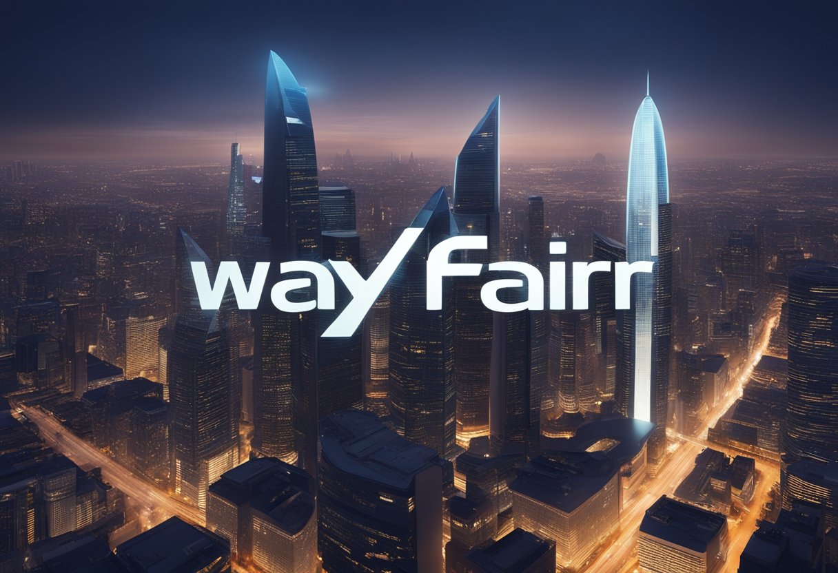 A futuristic city skyline with a sleek, modern building labeled "Wayfair" towering above the rest, surrounded by advanced technology and innovation