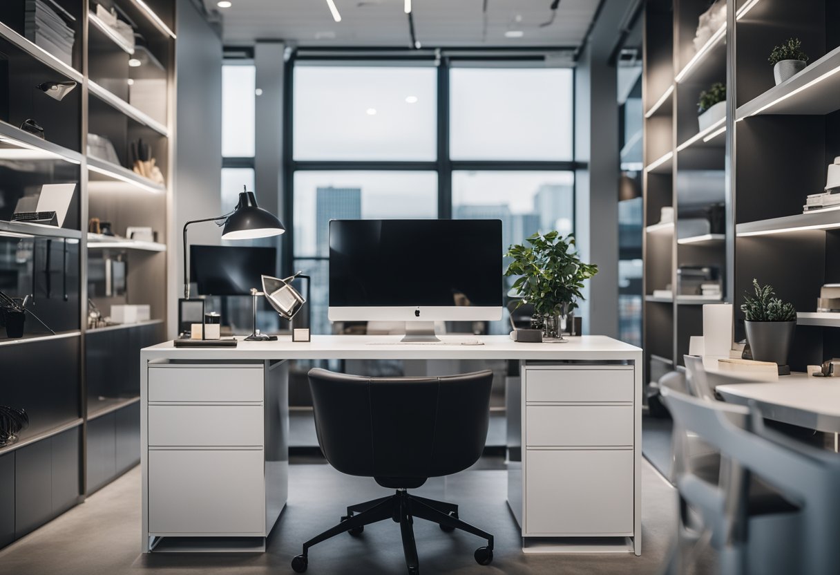 A sleek, modern office space with a large desk, computer, and fashion mood boards adorning the walls