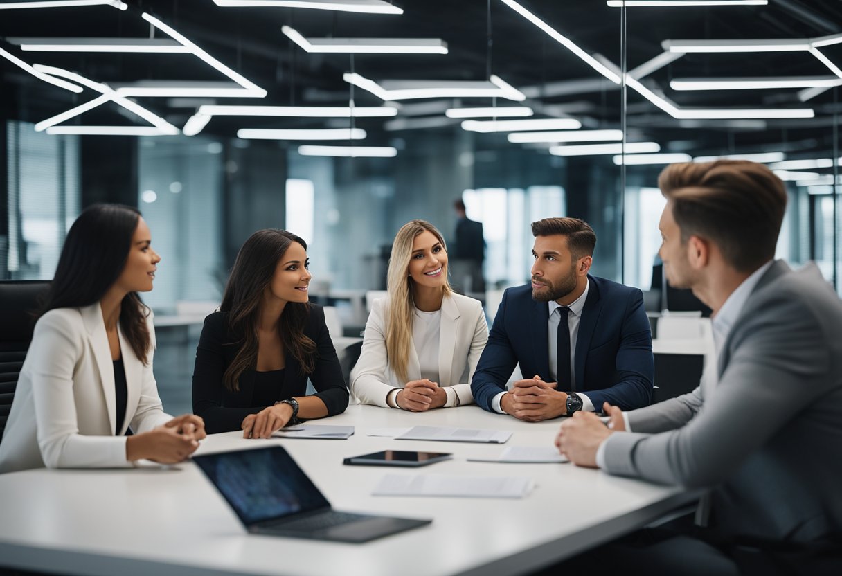 A group of executives in a modern office setting, discussing and making decisions about the ownership and management of Fashion Nova