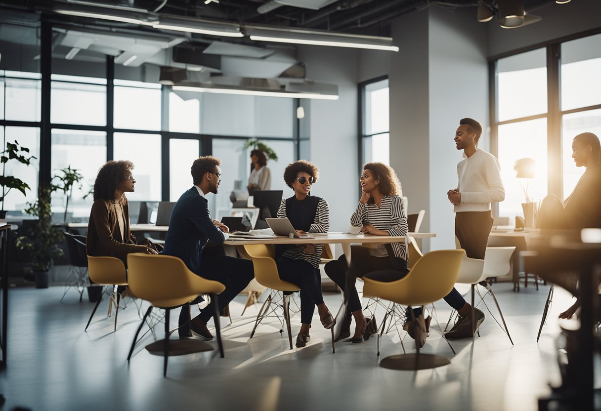 A group of fashion designers and business partners discussing ideas and sharing sketches in a modern office space