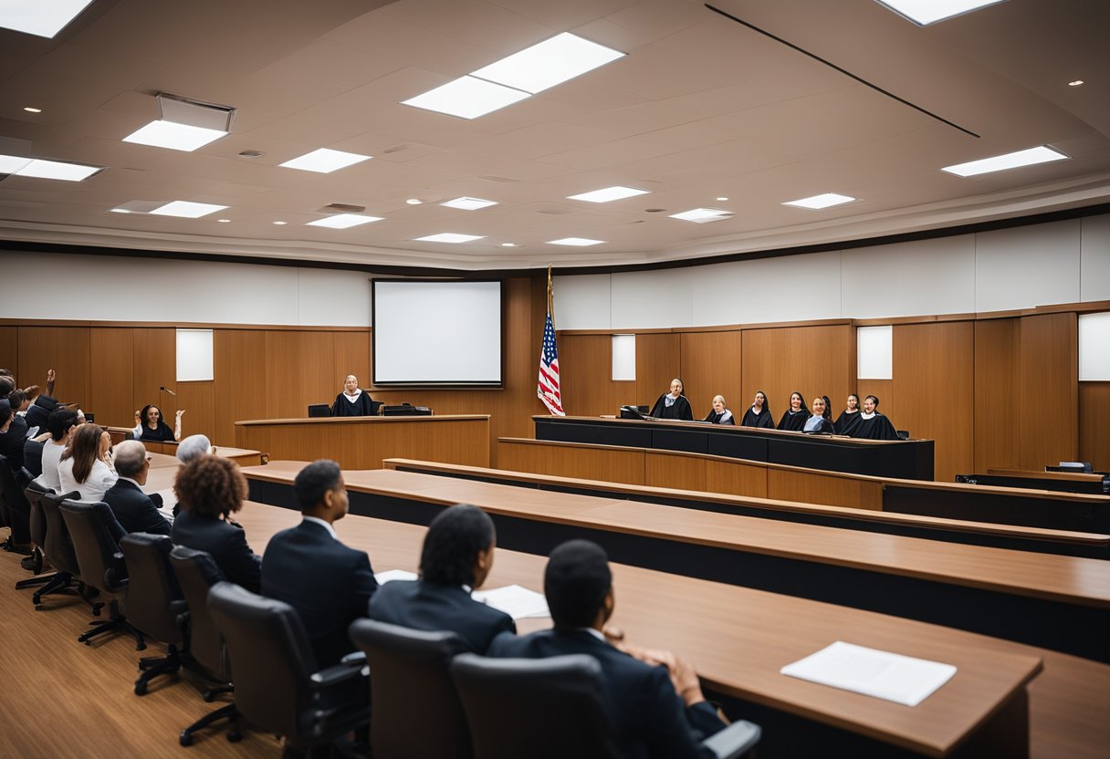 A courtroom with lawyers presenting arguments and a judge presiding over the legal challenges regarding ownership of Fashion Nova