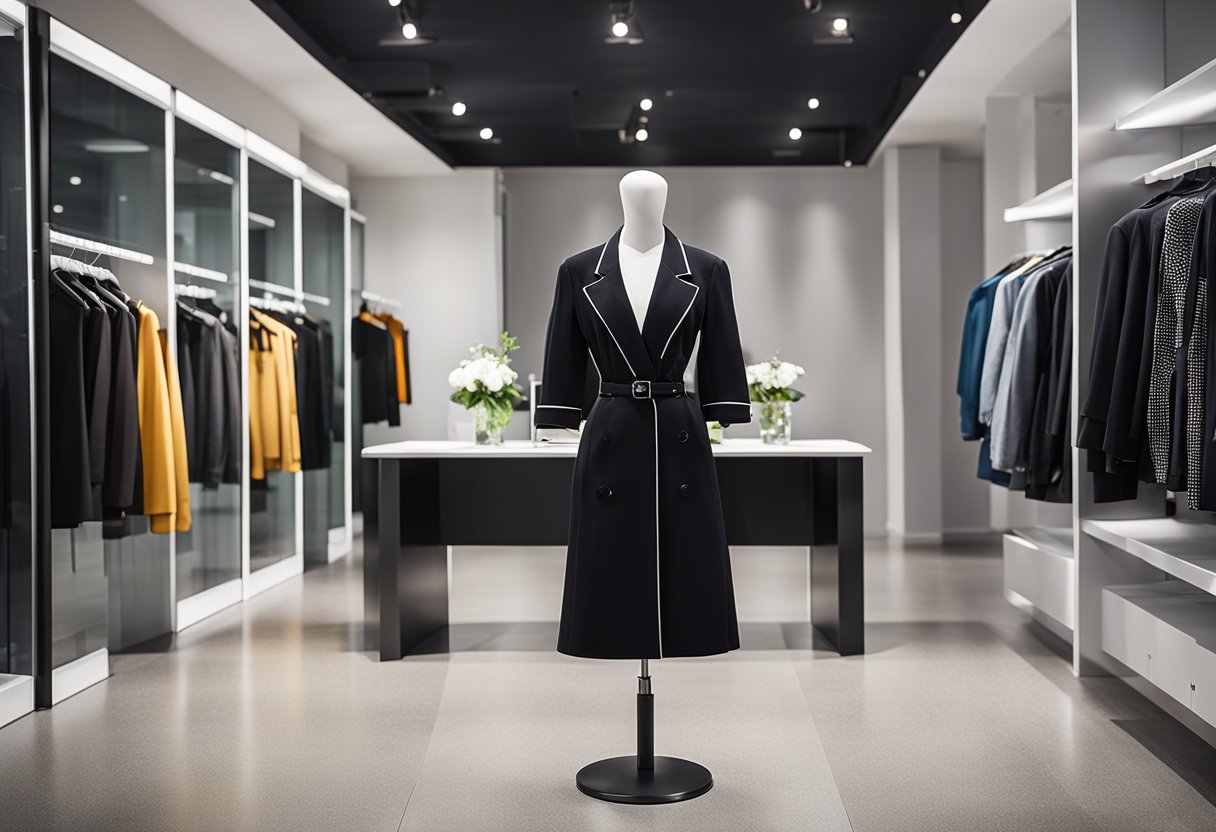 A sleek and modern office space with a bold Fashion Nova logo displayed prominently on the wall. Mannequins dressed in trendy clothing line the room