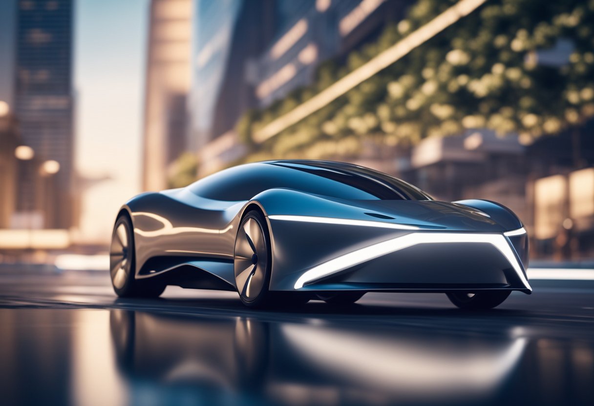 A sleek, futuristic electric car zooming past a backdrop of cutting-edge technology and innovation