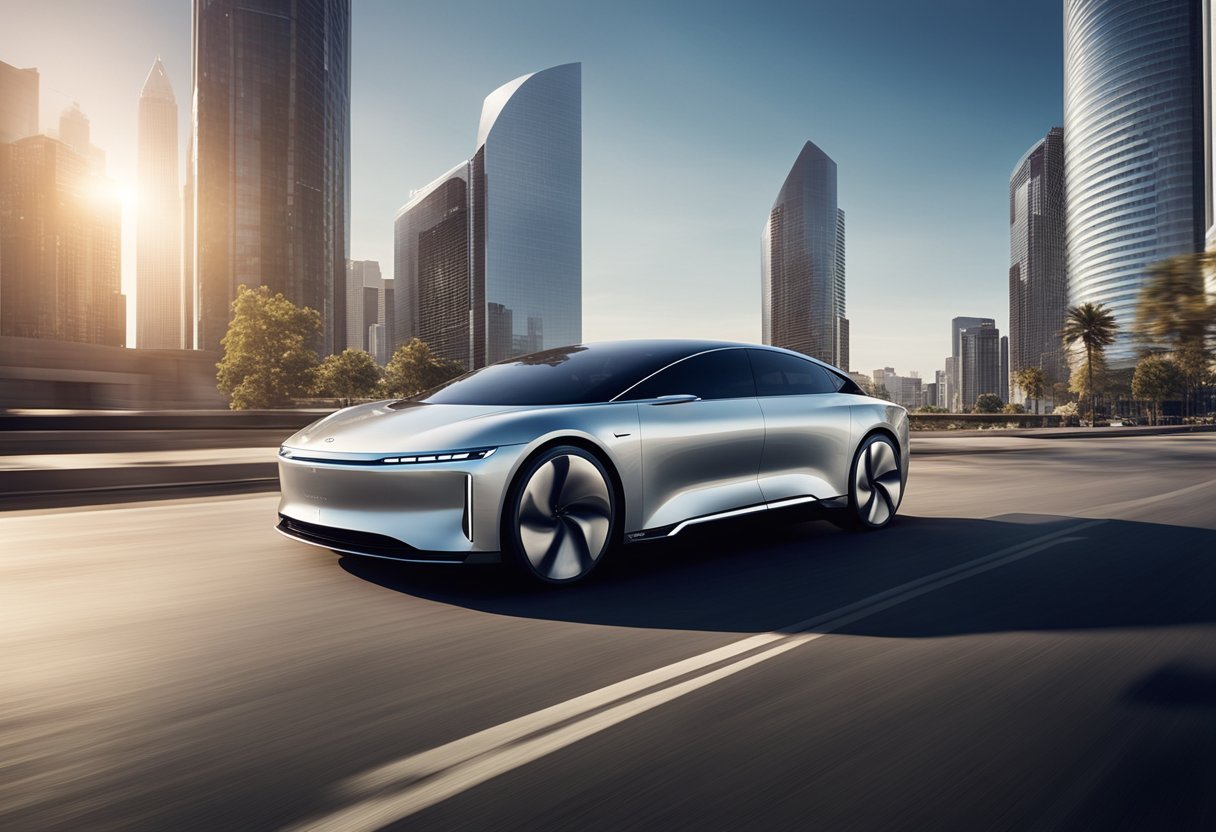 A sleek electric car glides through a futuristic cityscape, with the Lucid Motors logo prominently displayed on its hood