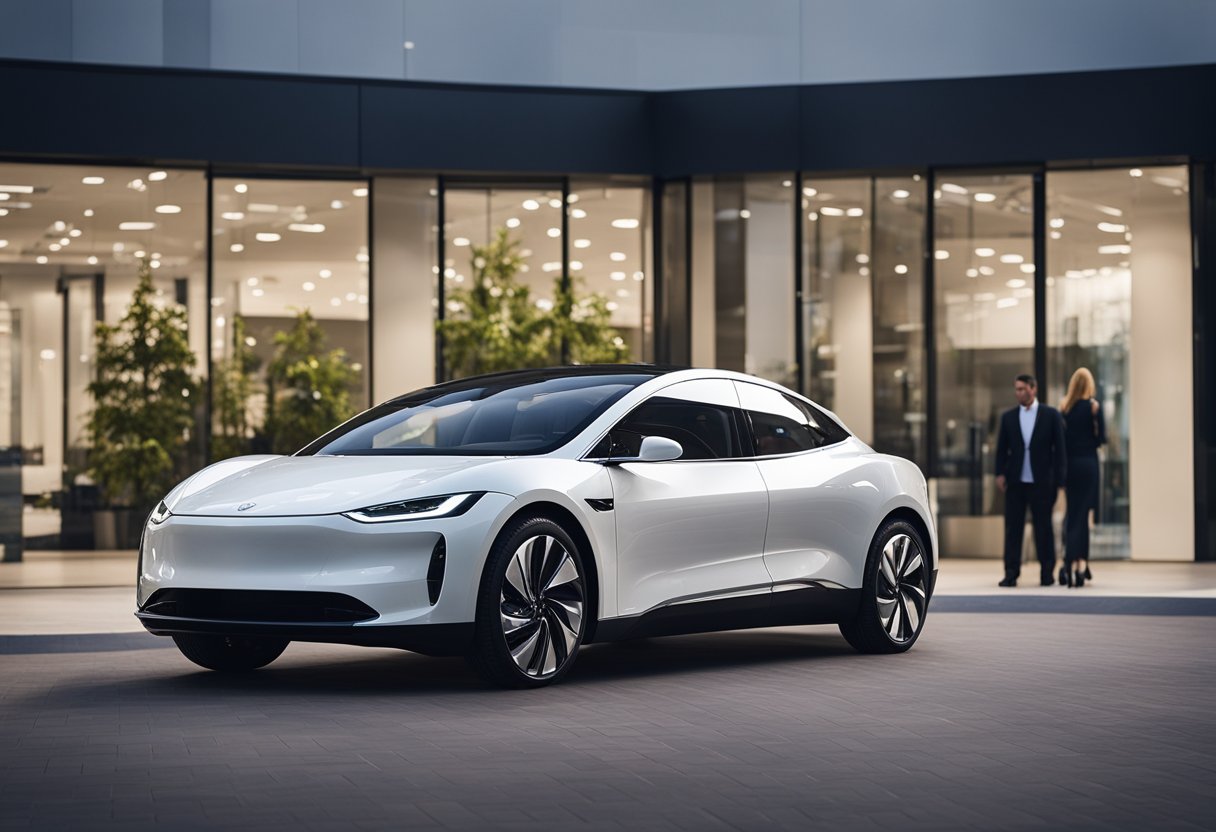 A sleek electric car pulls up to a modern, glass-walled showroom. A customer service representative greets a potential buyer with a warm smile