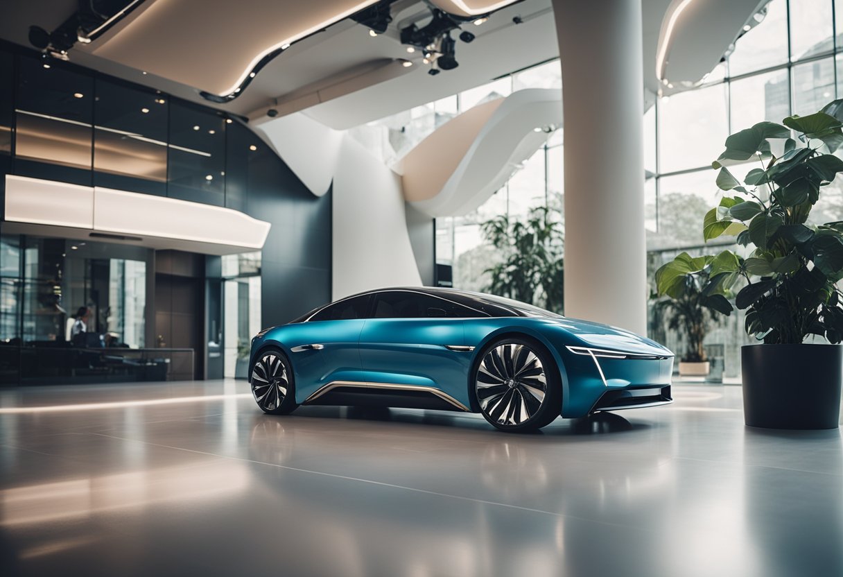 A sleek, modern electric car sits in a showroom surrounded by futuristic design elements and high-tech features