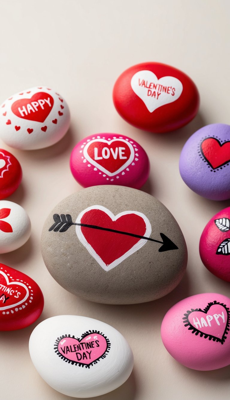 A cupid's arrow pierces a heart-shaped rock, surrounded by painted rocks featuring various Valentine's Day designs