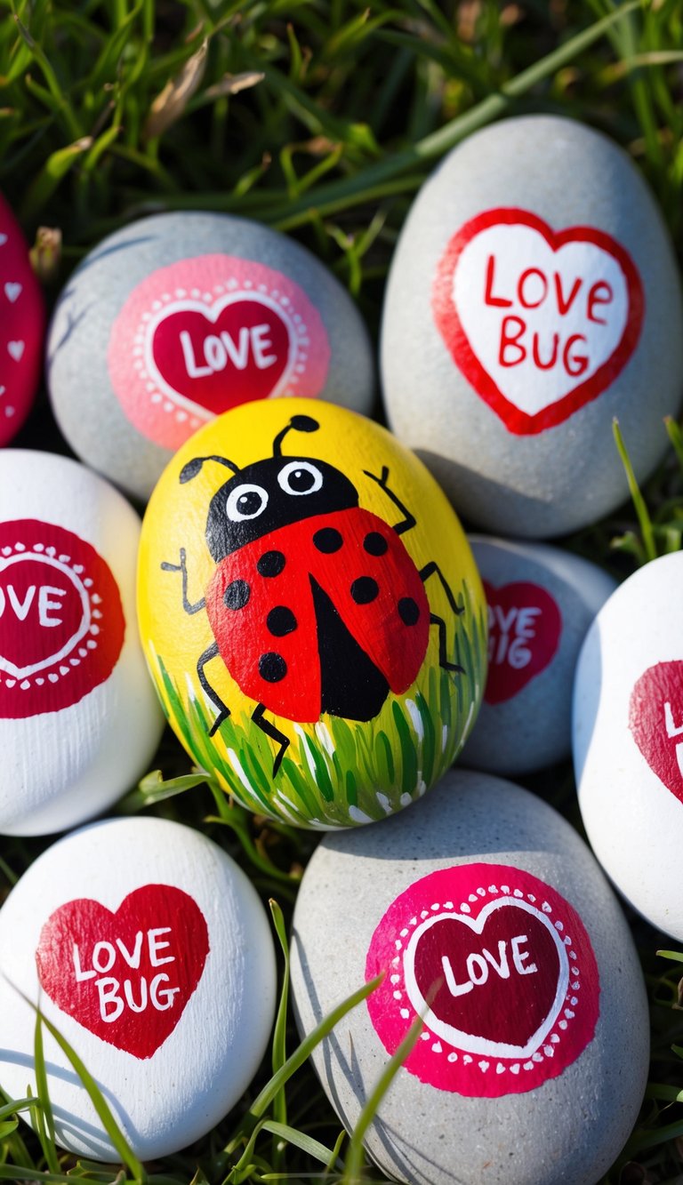 A brightly colored love bug painted rock nestled among other Valentine-themed painted rocks on a grassy surface