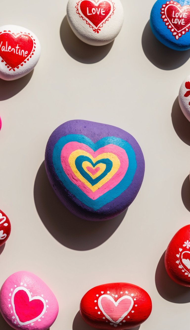 A colorful bohemian heart-shaped rock surrounded by smaller painted rocks in various Valentine-themed designs