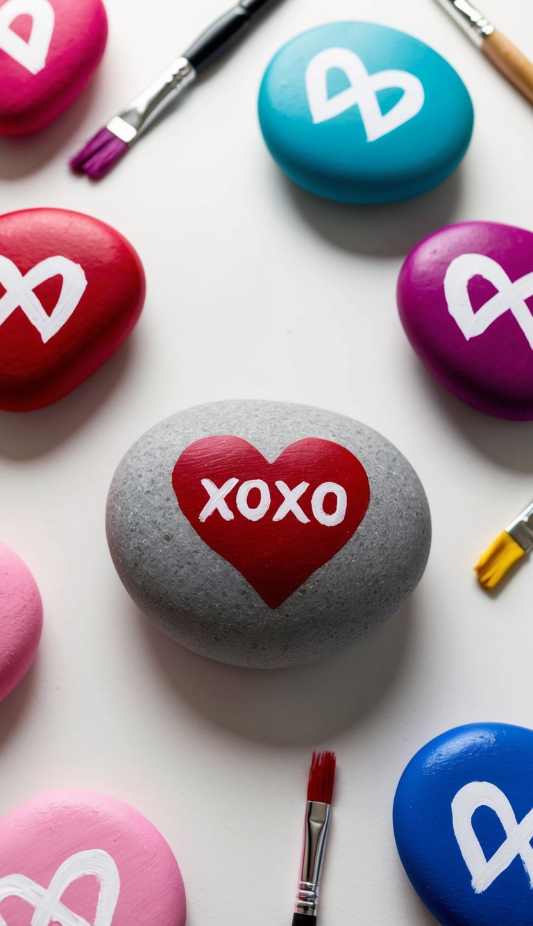 A collection of heart-shaped rocks with XOXO patterns arranged on a table, surrounded by colorful paint and paintbrushes