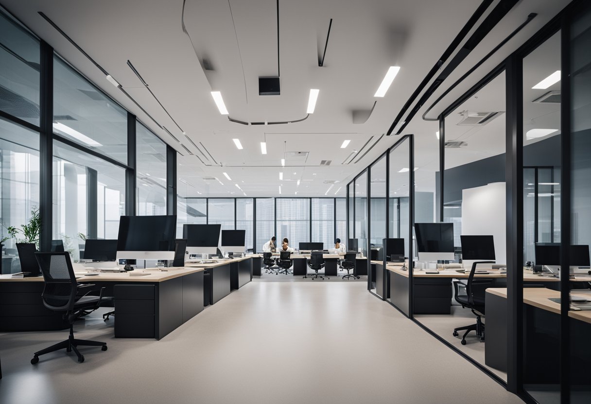 A grand, modern office with a sleek logo on the wall, surrounded by bustling employees and executives in meetings