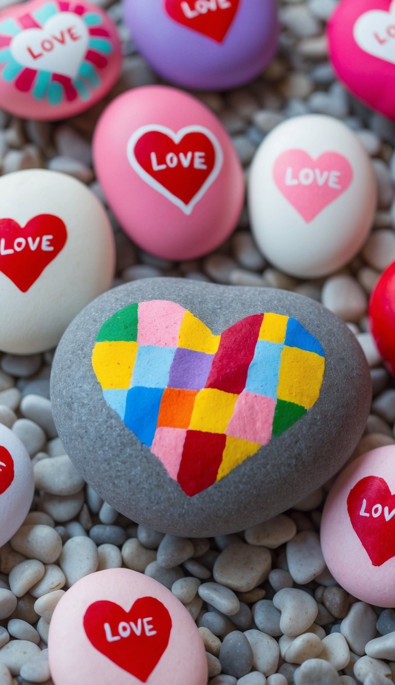 A heart-shaped rock adorned with colorful patchwork patterns sits on a bed of small pebbles, surrounded by other Valentine-themed painted rocks