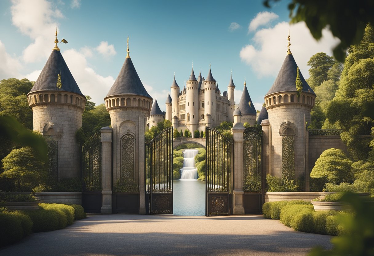 A grand, opulent castle with a towering gate bearing the emblem of Universal Music Group, surrounded by lush gardens and a flowing river