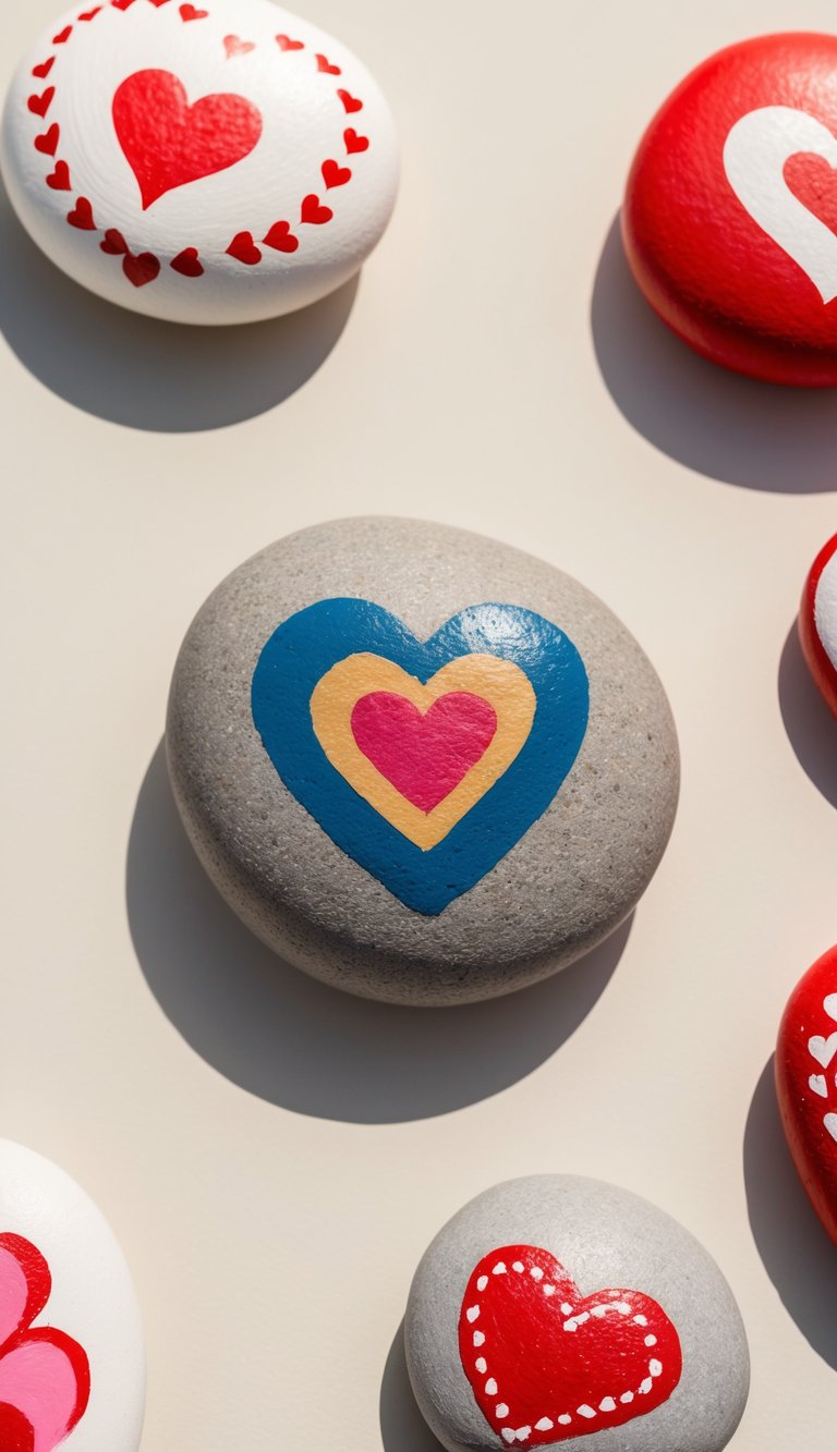 A retro heart design painted on a rock, surrounded by other Valentine-themed painted rocks